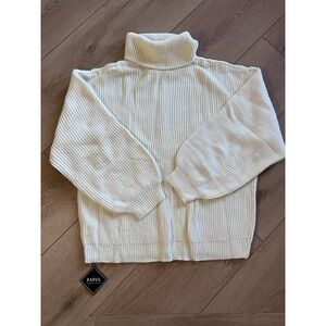 Zaful Cream Ribbed Turtleneck Balloon Sleeve‎ Sweater Women
